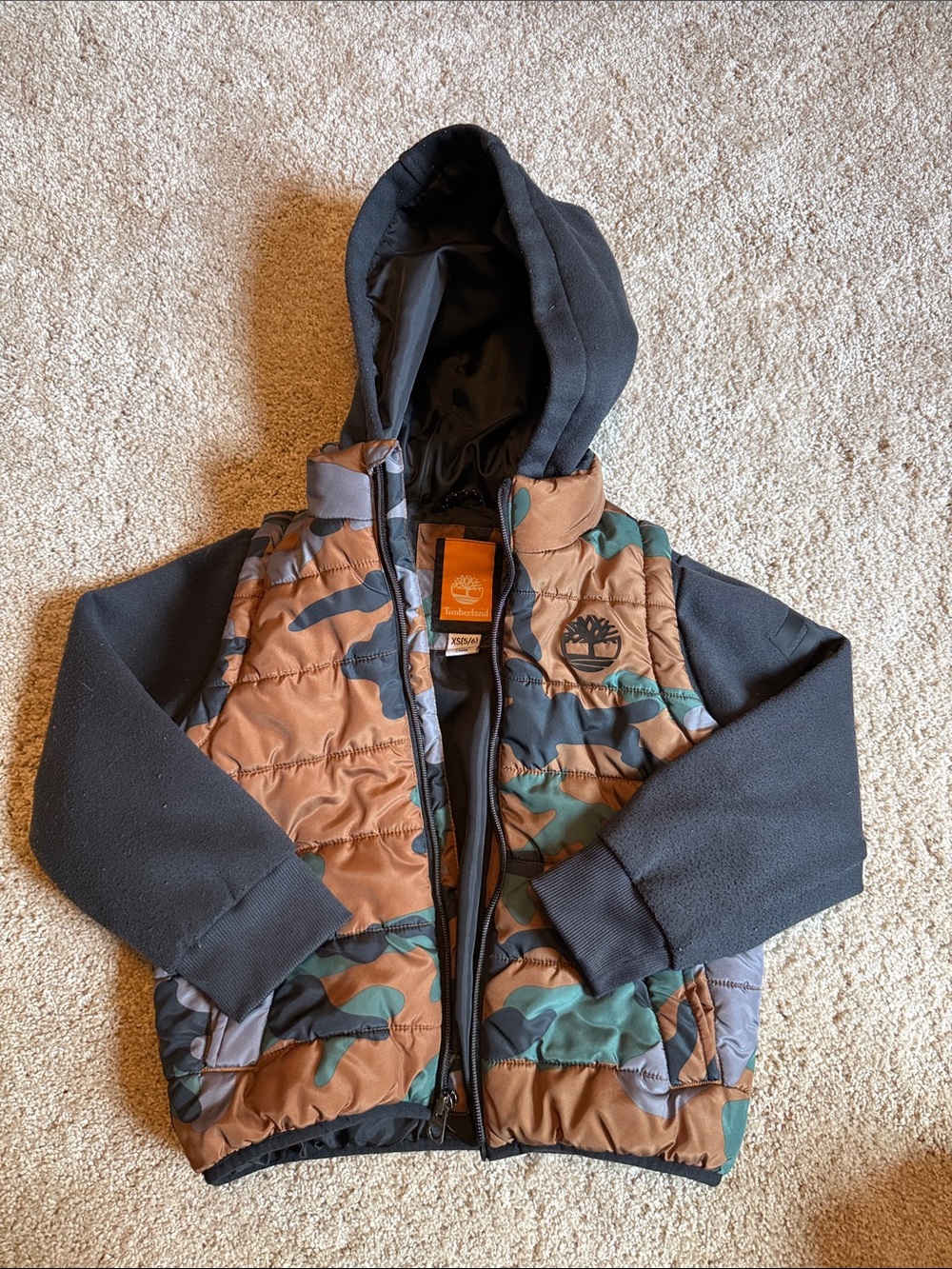 Timberland Kids Camo Quilted Hoodie in Brown, Green & Black